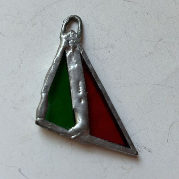 Handmade Silver tone Red and Green Stained Glass Triangular Pendant - Picture 2 of 4